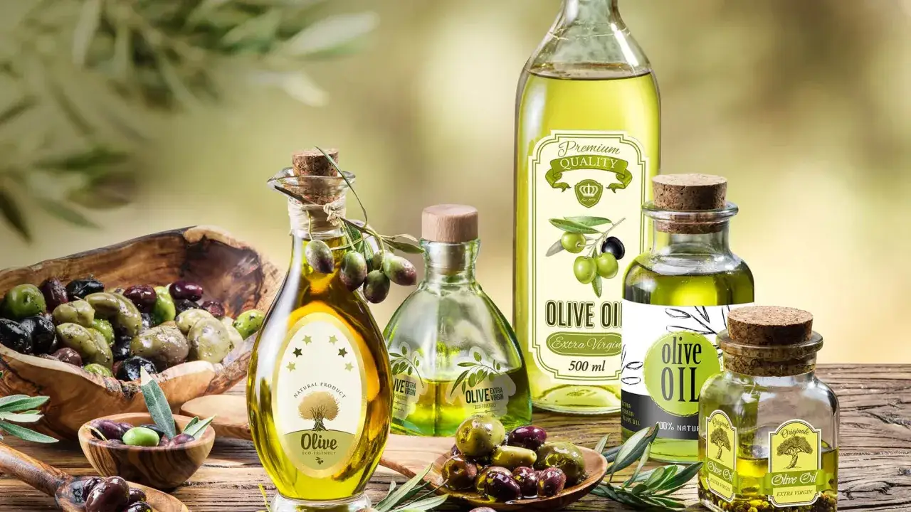 Bottiglie di olio di oliva non extravergine, olive fresche in ciotole di legno e rami d'ulivo su un tavolo rustico.