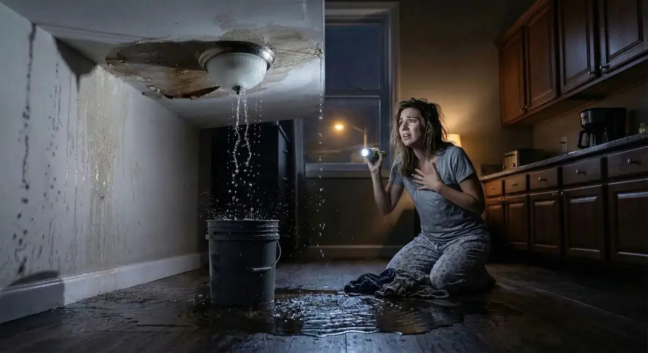 Une femme effrayée éclaire une fuite d'eau au plafond avec une lampe torche. L'eau tombe dans un seau, inondant le sol.