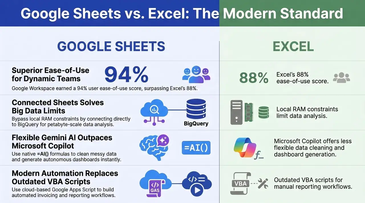 Porównanie Google Sheets i Excel: Google Sheets oferuje 94% łatwości użycia, przewyższając Excel.