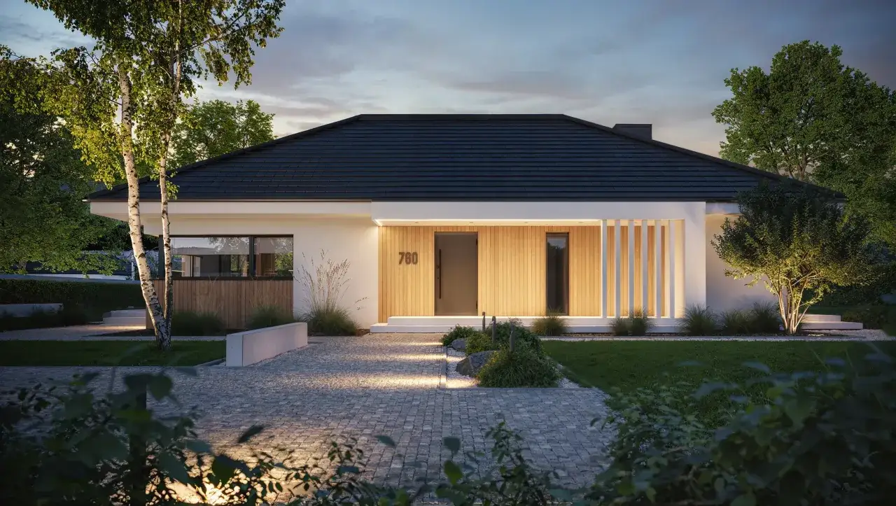 Nowoczesny dom parterowy bez garażu, z drewnianą elewacją i oświetlonym podjazdem.