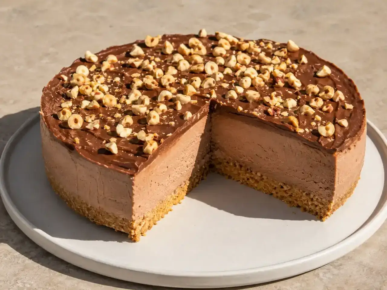 Chokladkaka med hasselnötter, perfekt för ett Nutella recept. En bit saknas, vilket visar den krämiga fyllningen och krispiga botten.