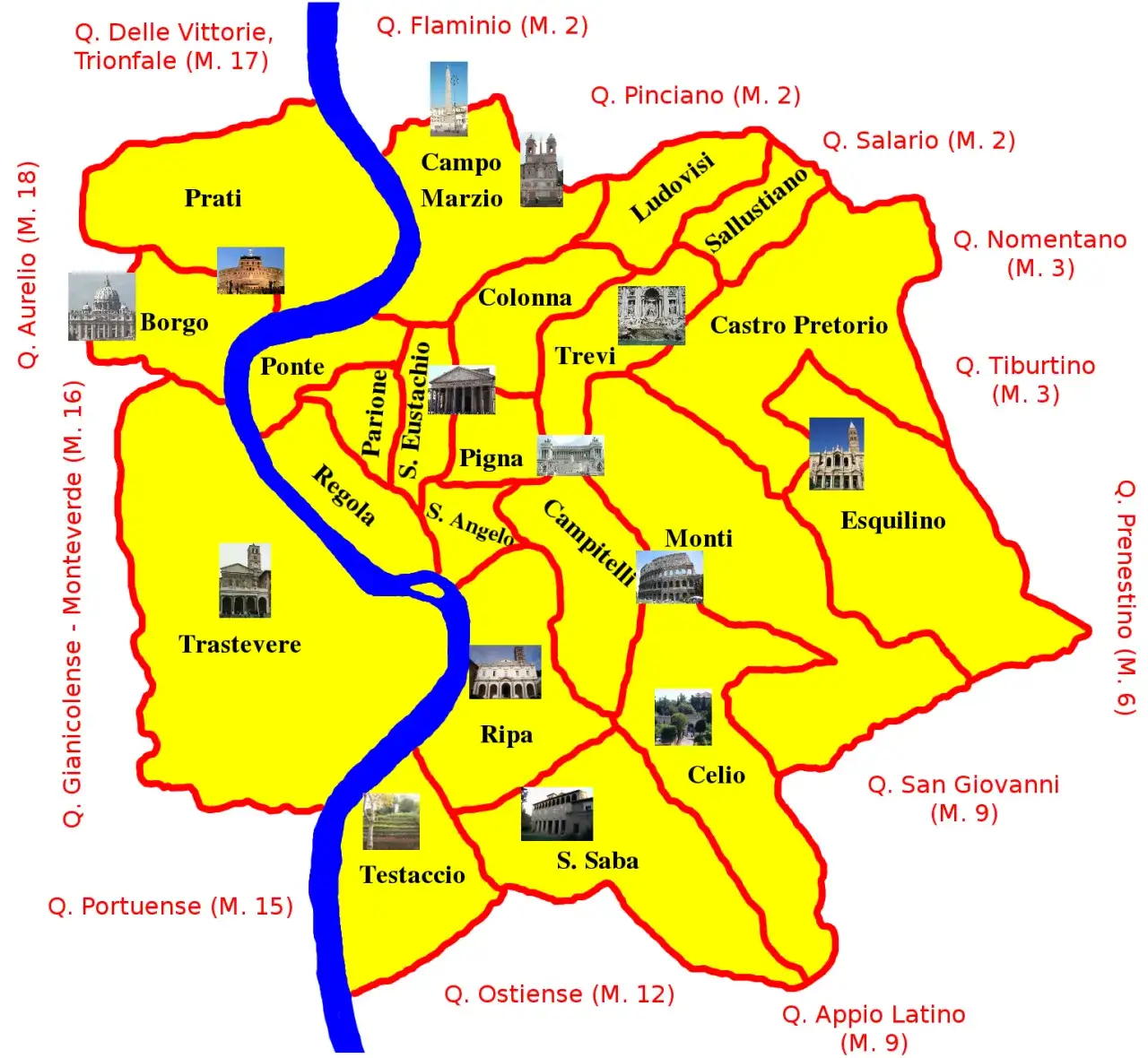 Mapa Rzymu z zaznaczonymi dzielnicami turystycznymi