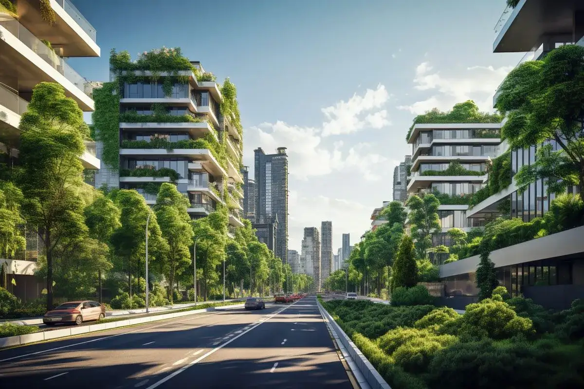 Edifici moderni con giardini verticali e tetti verdi, un esempio di rigenerazione urbana significato, su una strada alberata.