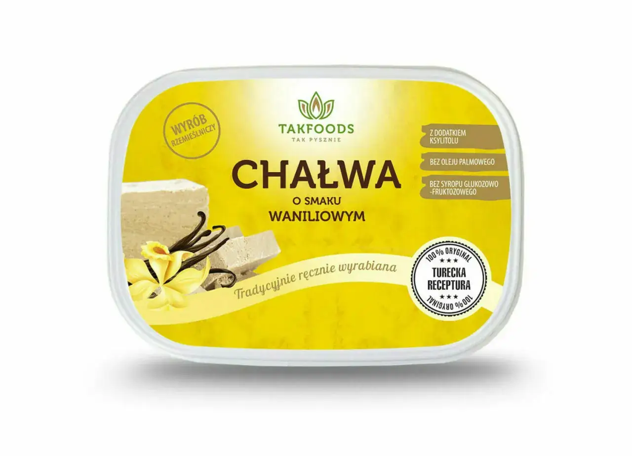 Chałwa waniliowa Takfoods, wyrób rzemieślniczy z ksylitolem. Tradycyjnie ręcznie wyrabiana, bez oleju palmowego i syropu glukozowo-fruktozowego.
