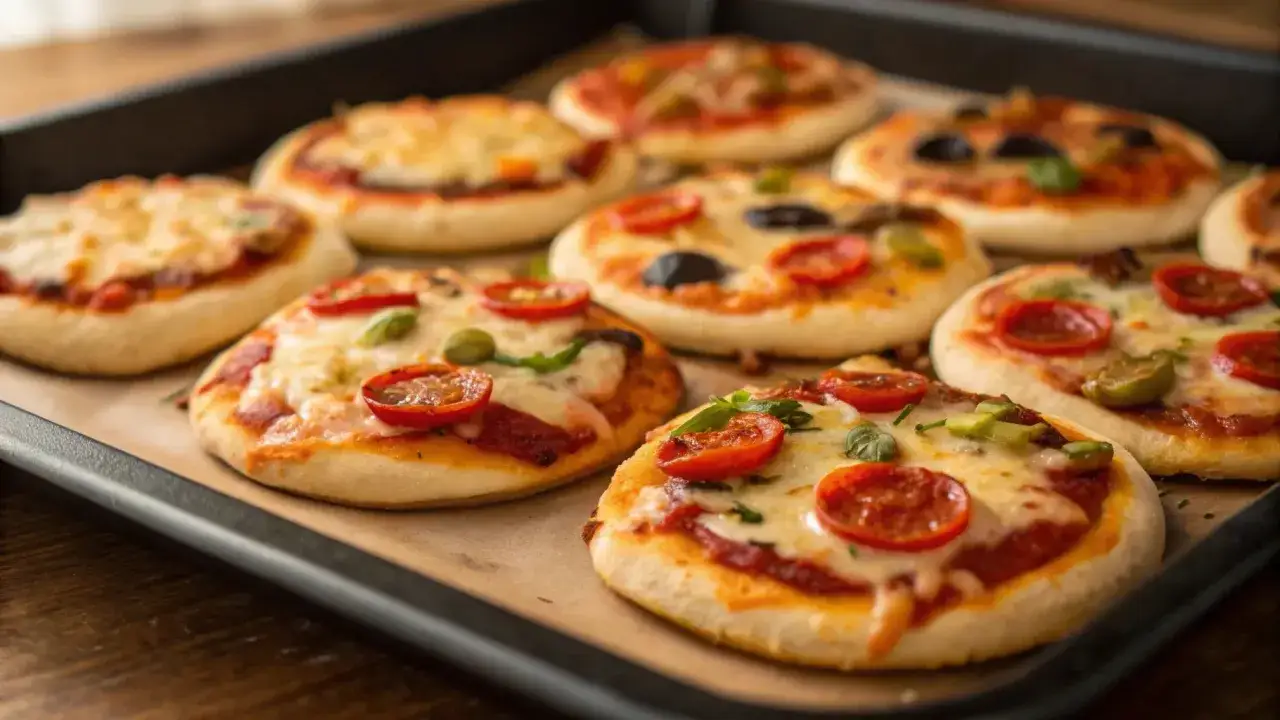 Mehrere mini pizza mit Tomaten, Oliven und Käse auf einem Backblech.
