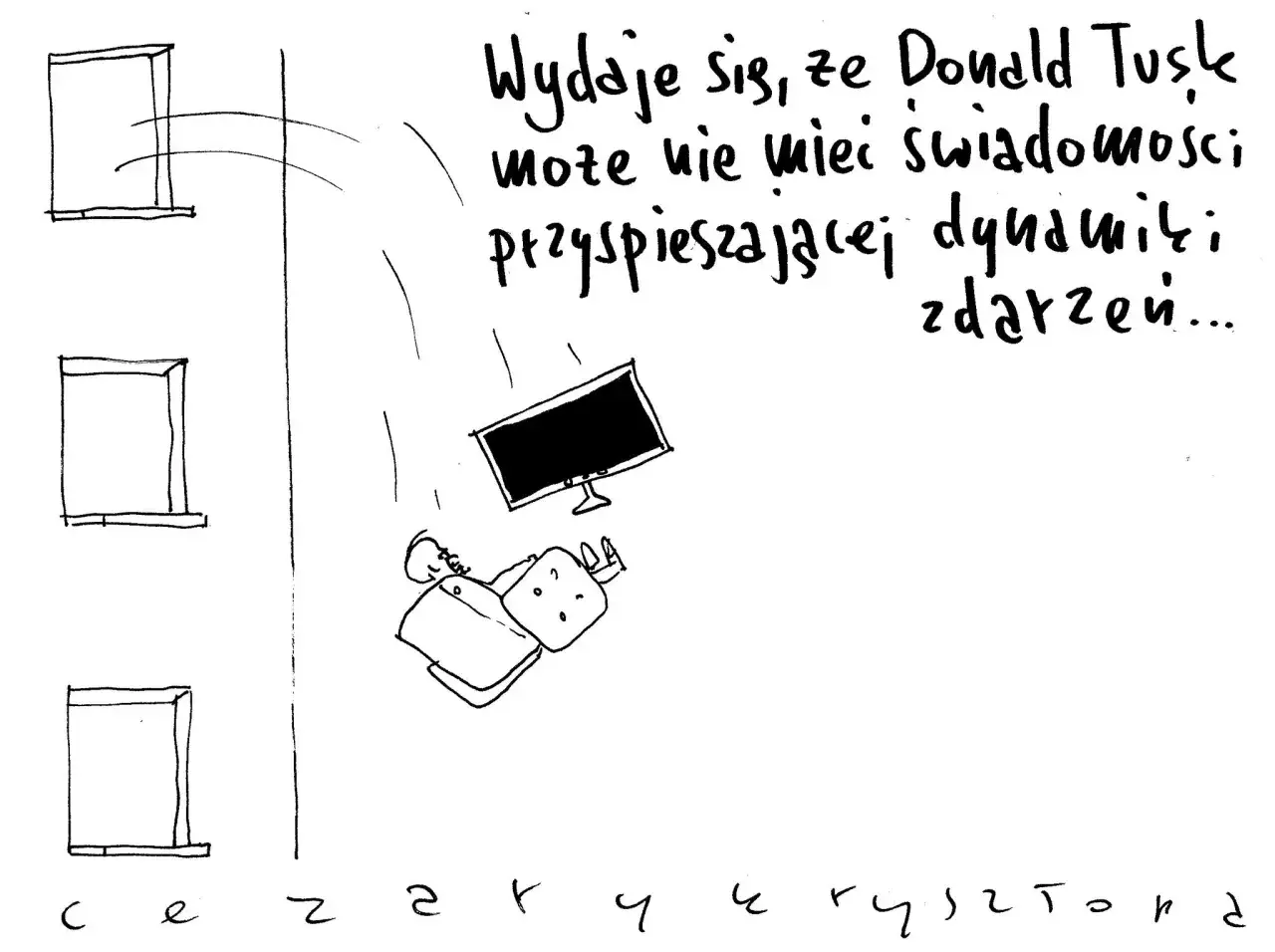 Donald Tusk spada z okna, trzymając laptopa. Może nieświadomy dynamiki zdarzeń, jak w karykaturze Cezarego Krysztopa.