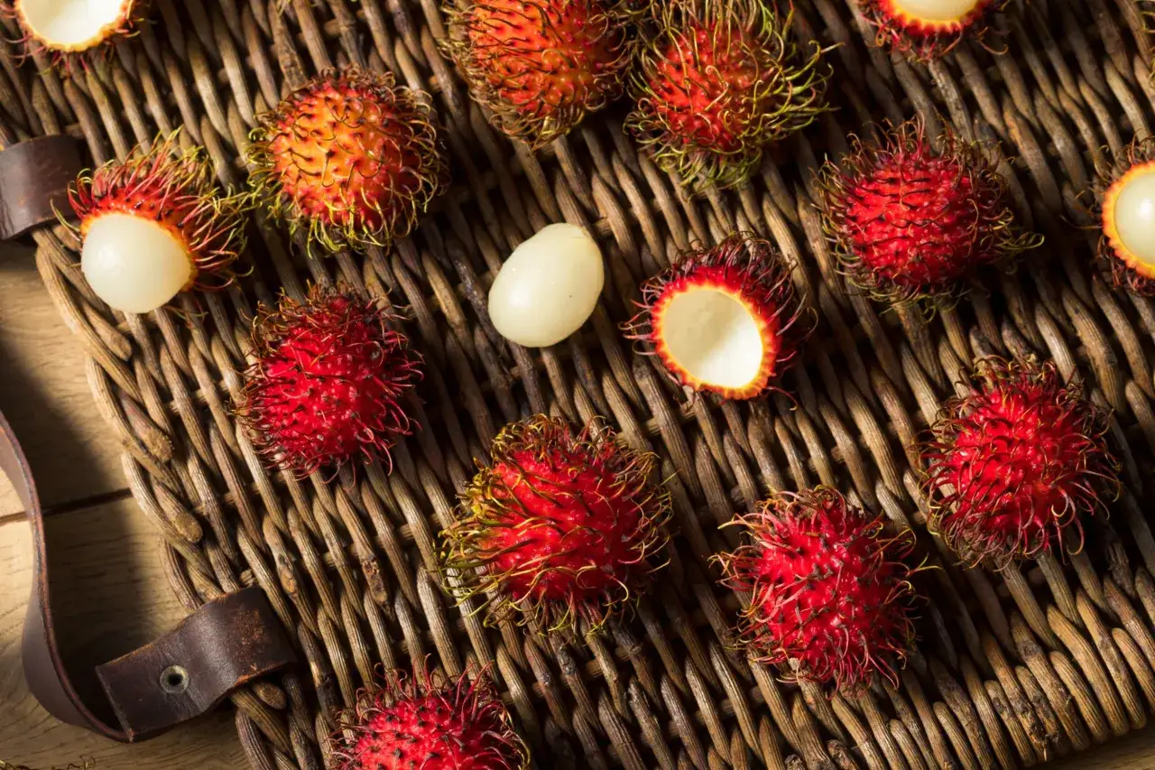 Czerwone, kolczaste rambutan leżą na plecionej macie. Jeden owoc jest przekrojony, ukazując biały miąższ. Oto jak jeść rambutan!