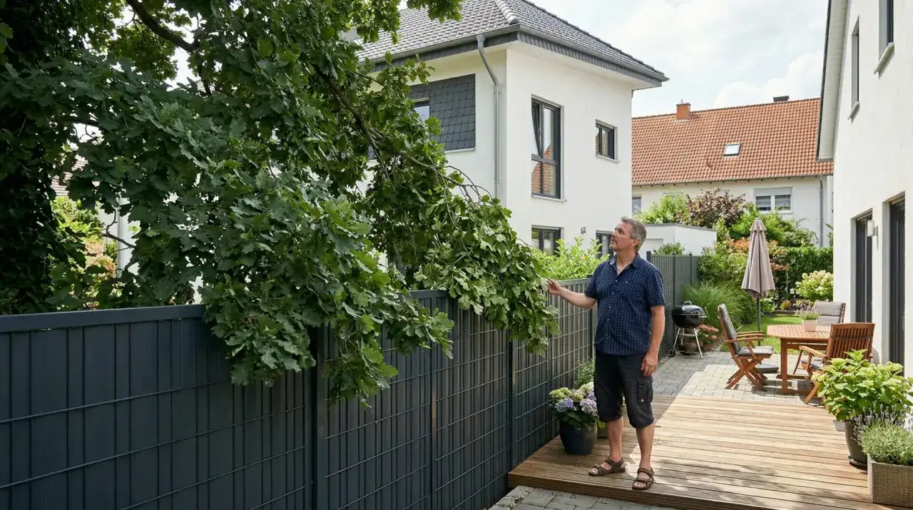 Mann blickt auf überhängende Äste. Muss ich Fallobst vom Nachbarn dulden?