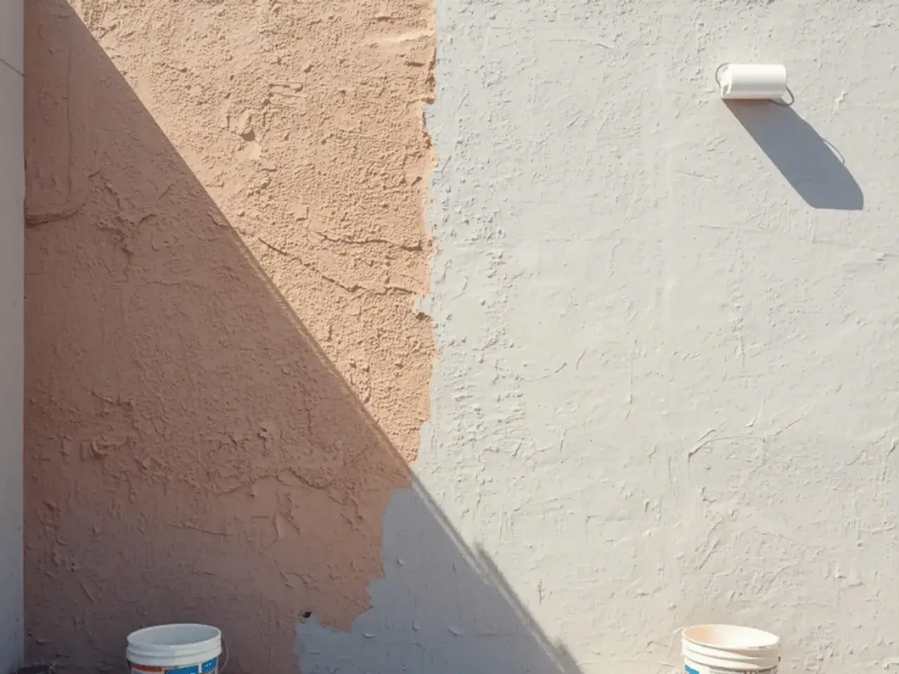Un mur extérieur texturé, moitié rose, moitié blanc, avec des seaux de peinture et un rouleau. La question : peut-on enduire un mur extérieur déjà peint ?