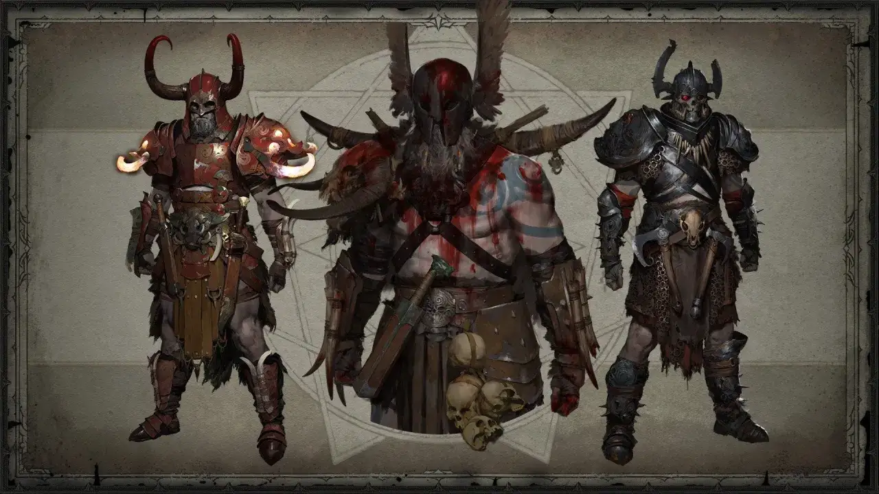 Trzech wojowników z Diablo 4: barbarzyńca w czerwonej zbroi, krwawy barbarzyńca z tatuażami i barbarzyńca w czarnej zbroi.