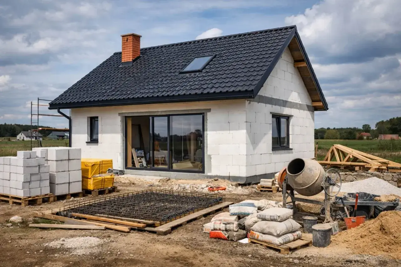 Budowa domu parterowego 80m2 w toku. Beton, bloczki, zbrojenie i cement czekają na użycie.