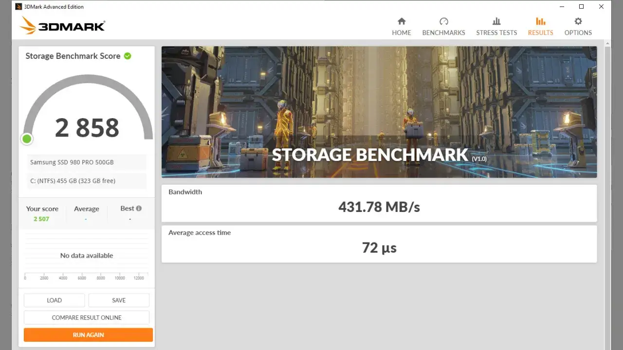 Résultats du benchmark de stockage 3DMark : score de 2858, bande passante de 431,78 Mo/s et temps d'accès moyen de 72 µs pour un SSD Samsung 980 PRO.