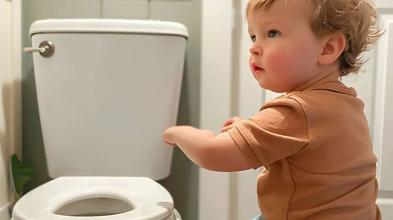 Un ni&ntilde;o peque&ntilde;o, listo para quitarse el pa&ntilde;al, mira atentamente el inodoro.