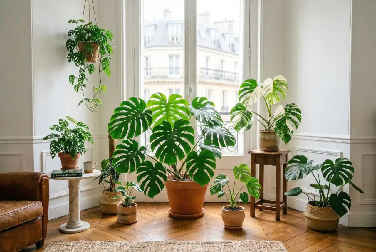Un coin de chambre baigné de lumière, orné de plusieurs monstera, dont un majestueux monstera deliciosa et un magnifique monstera variegata.