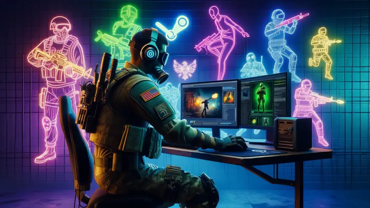 Gracz w taktycznym stroju przed komputerem, otoczony neonowymi postaciami żołnierzy. Idealne profilowe na Steam dla fana gier FPS.