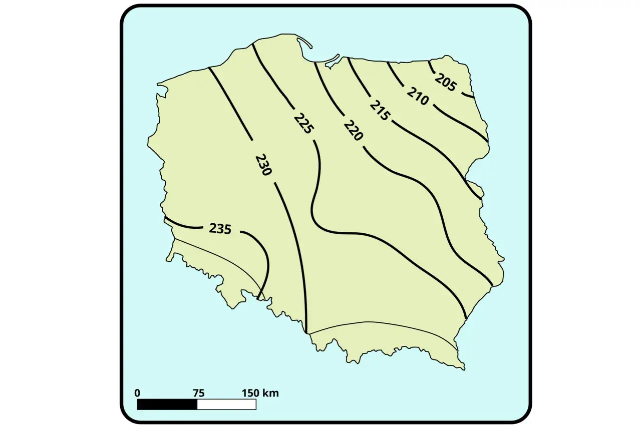 Mapa Polski z izoliniąmi pokazującymi długość okresu wegetacyjnego. Najdłuższy okres wegetacyjny (235 dni) na południowym zachodzie, najkrótszy (205 dni) na północnym wschodzie.
