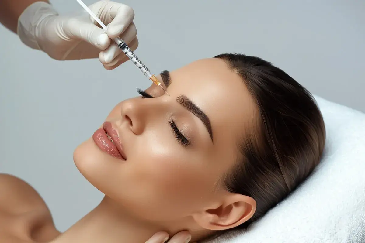 Zabieg skinbooster: igła wstrzykuje preparat w czoło kobiety, która leży z zamkniętymi oczami.