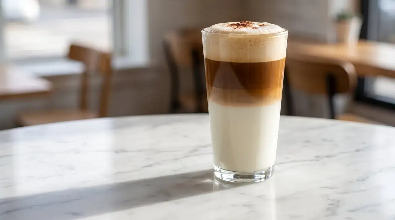 Ein geschichteter Latte Macchiato im Glas, perfekt für Ihr Latte Macchiato Rezept.