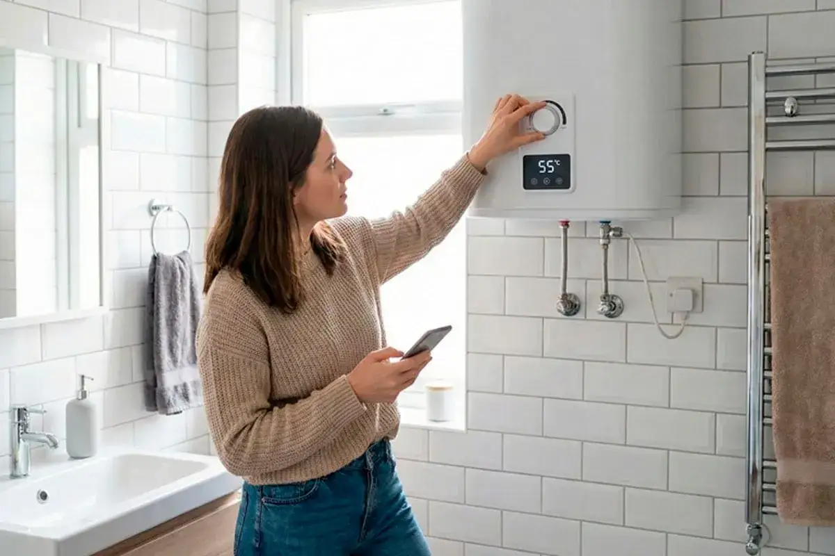 Mujer ajustando el termo eléctrico, con el móvil en mano. Aprende como vaciar un termo eléctrico de forma segura y eficiente.