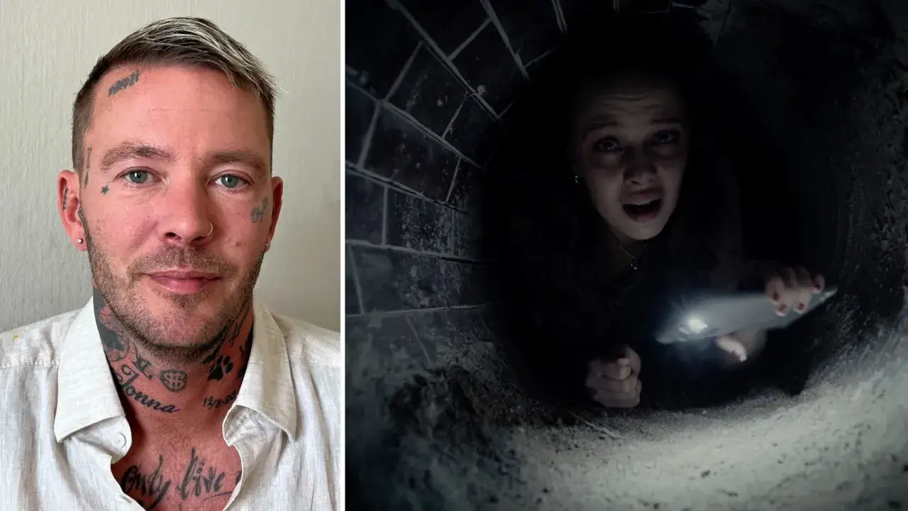 Joakim Lundell film: en man med tatueringar och en skr&auml;ckslagen kvinna i en m&ouml;rk tunnel.