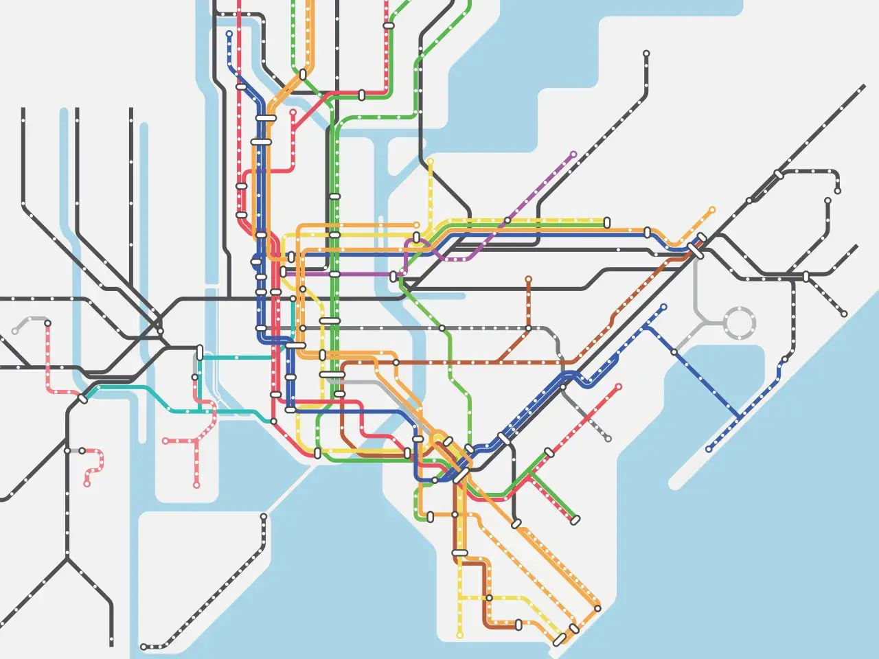 Mapa estilizado del metro Nueva York con líneas de colores y estaciones.