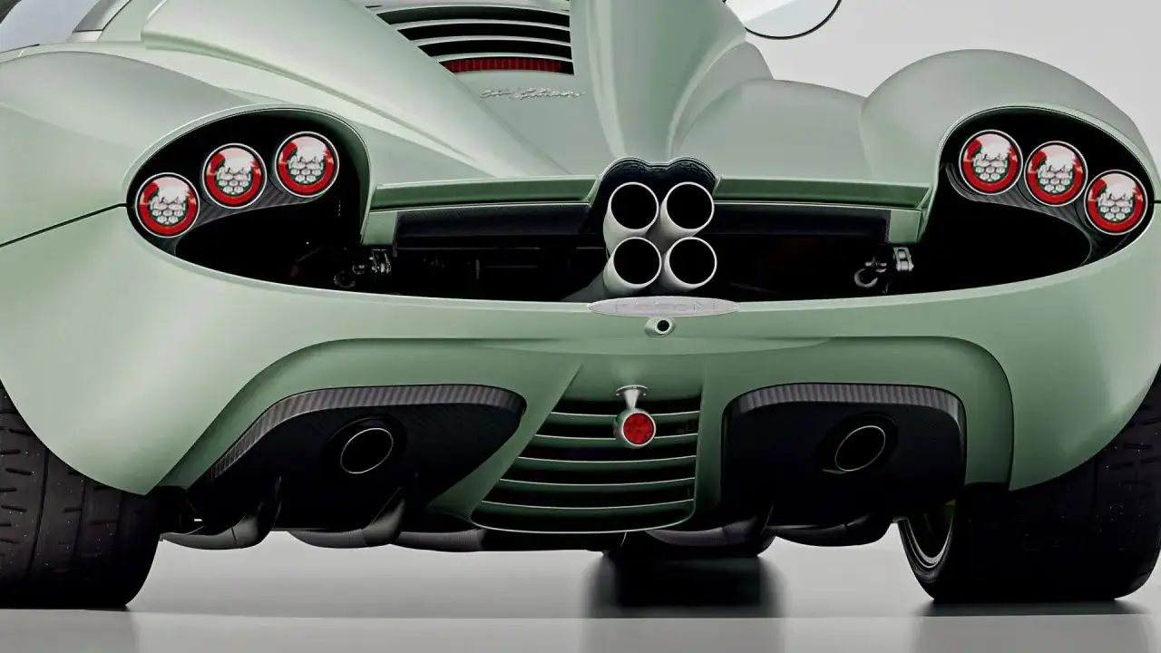 Tył Pagani Huayra Codalunga w kolorze miętowym, z czterema rurami wydechowymi i okrągłymi światłami.
