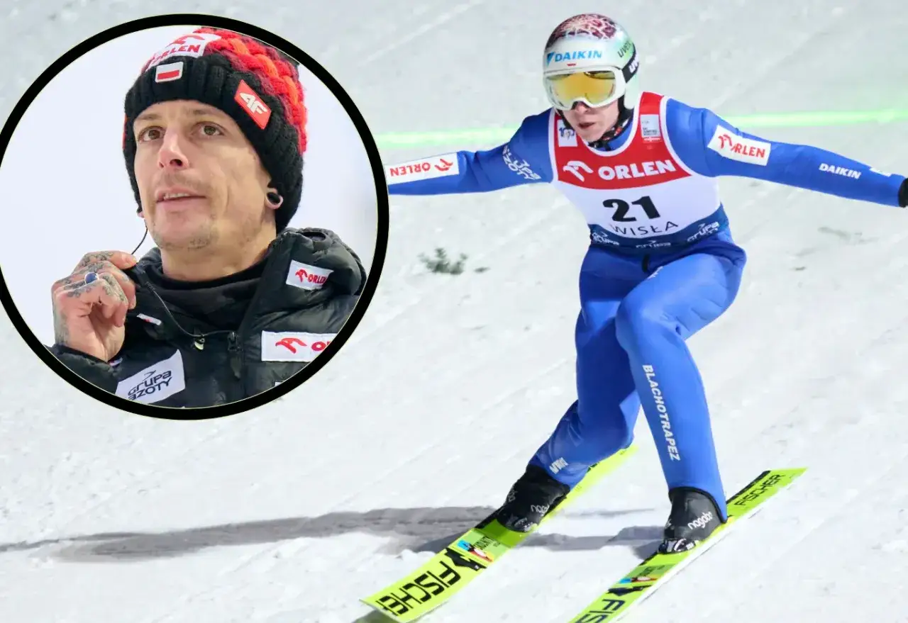 Skoczek narciarski w niebieskim kombinezonie podczas zawod&oacute;w. W okręgu widać twarz trenera, kt&oacute;ry wspiera skoki narciarskie mistrzostwa świata junior&oacute;w.