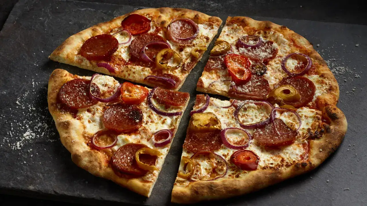 Eine k&ouml;stliche Pizza Salami mit roten Zwiebeln und Paprika, auf einem dunklen Stein serviert.