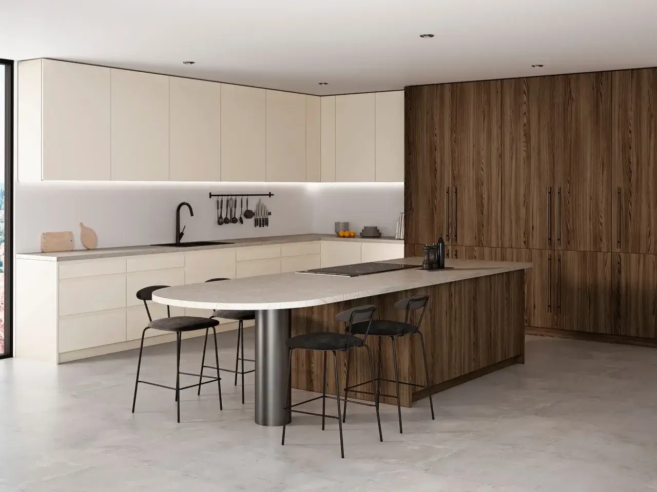 Cocina moderna con isla central. Gabinetes superiores blancos y base de madera. La isla ovalada, con encimera de m&aacute;rmol, contrasta con el **aglomerado** de la base, mostrando la diferencia entre **MDF vs aglomerado**.