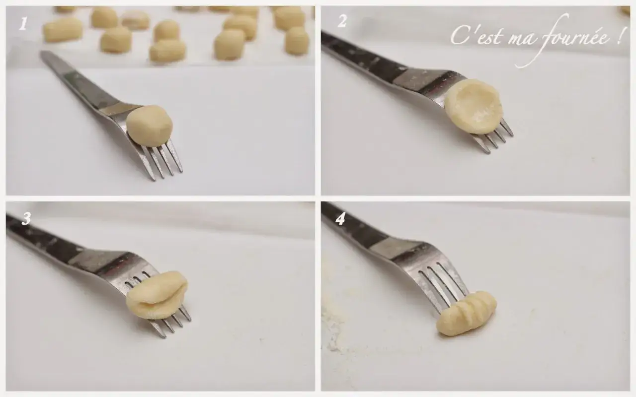 Étapes pour une recette gnocchi maison : une boule de pâte sur une fourchette, aplatie, puis striée pour une cuisson parfaite.