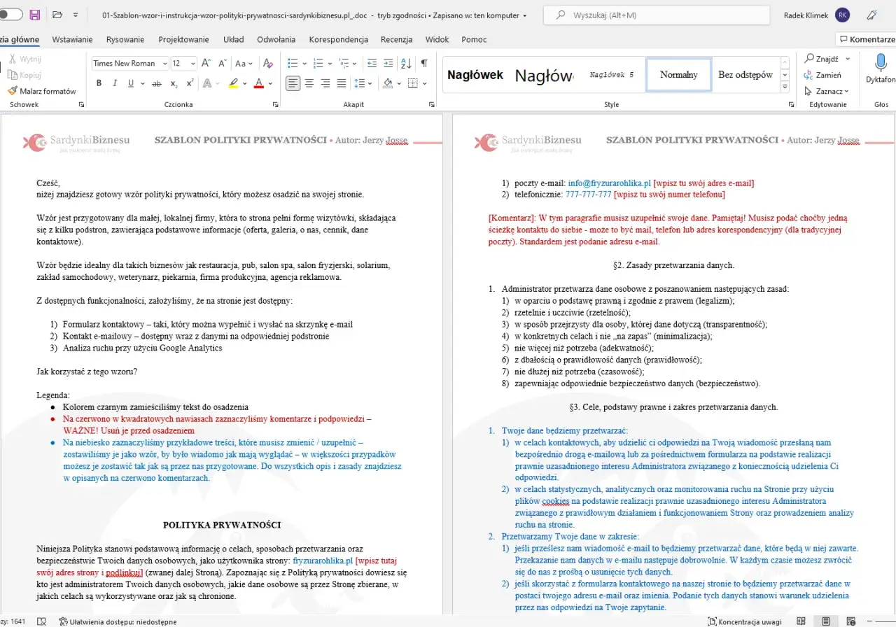 Gotowy wz&oacute;r polityki prywatności dla Twojej strony. Dokument zawiera kluczowe informacje o przetwarzaniu danych, idealny dla lokalnych firm.
