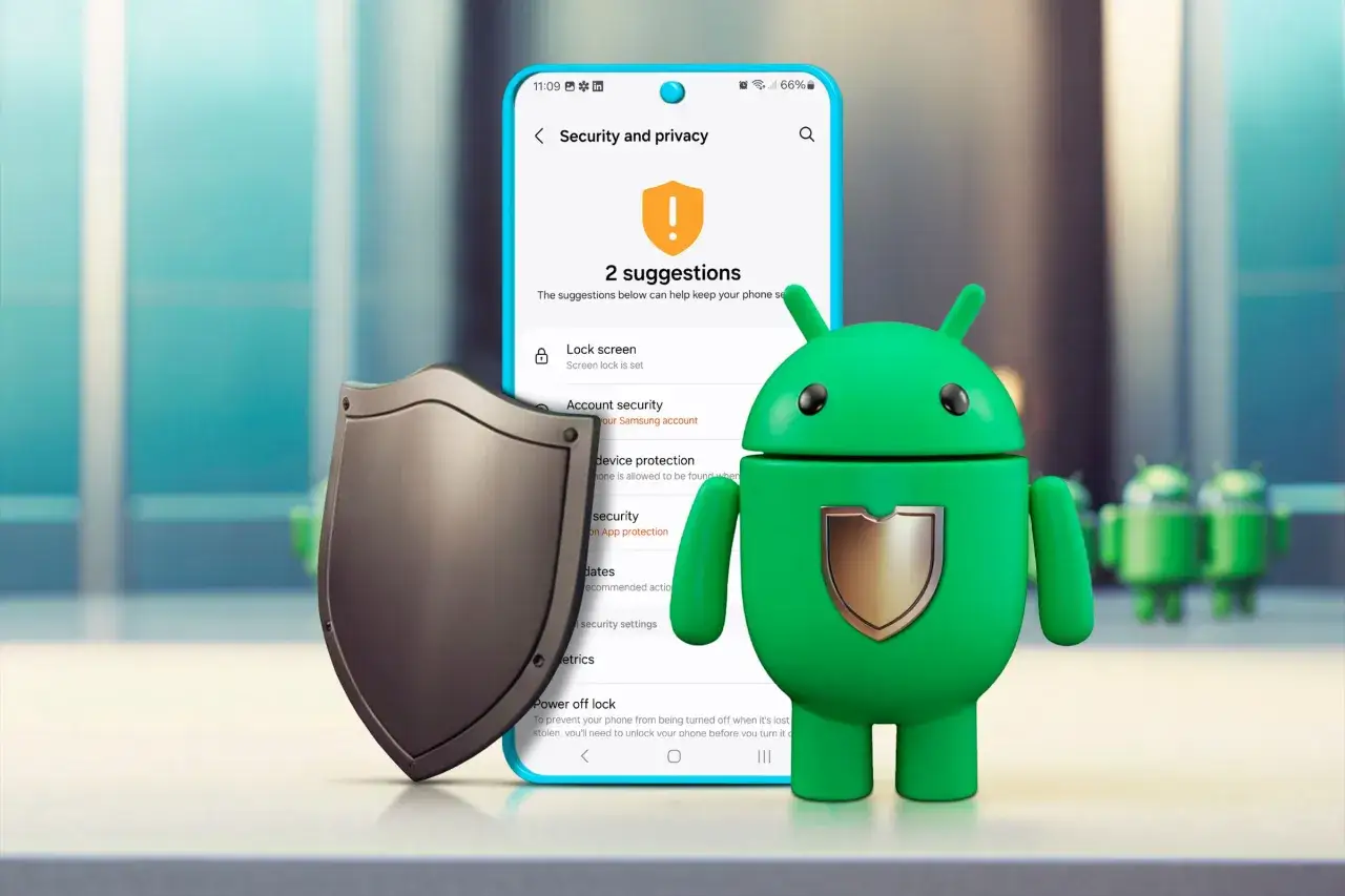 Zielony robot Android z tarczą i ekran telefonu z opcjami bezpieczeństwa. Ukrywanie aplikacji Android jest łatwiejsze dzięki tym wskazówkom.