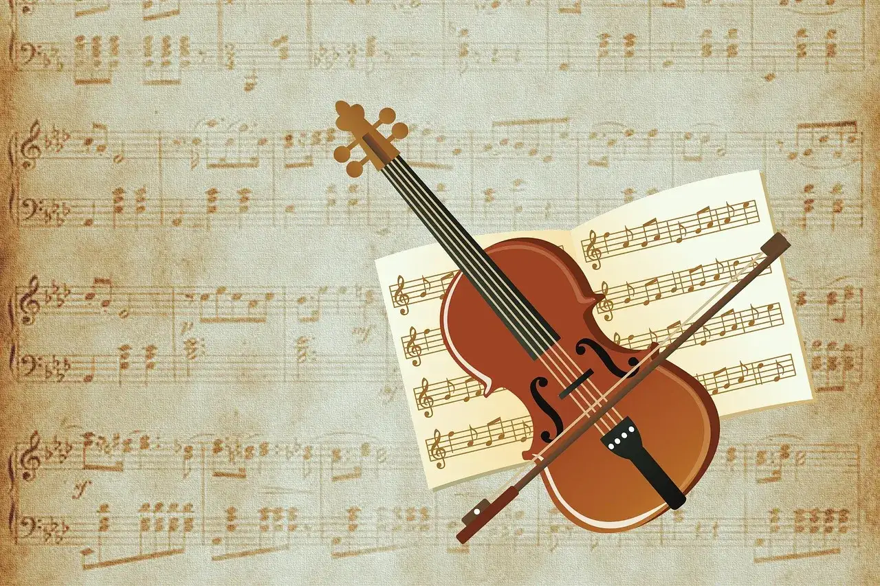 Violon et archet sur partition ancienne. Une invitation &agrave; d&eacute;couvrir comment on &eacute;crit musique, une partition qui raconte une histoire.