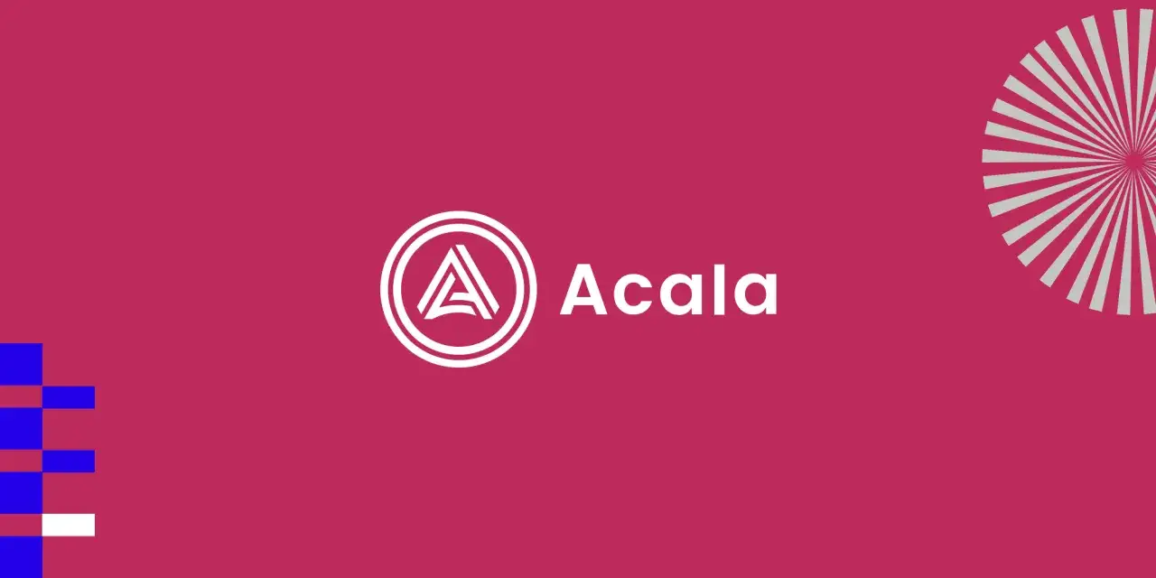 Das Acala Network Logo auf einem pinken Hintergrund. Links sind blaue und weiße Blöcke, rechts ein grauer Fächer.