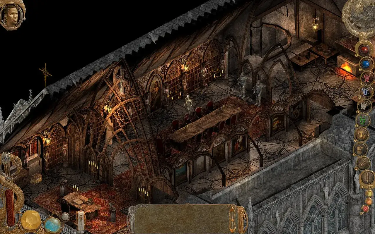 Interior gótico con armaduras y un retrato, evocando un ambiente de weird west.