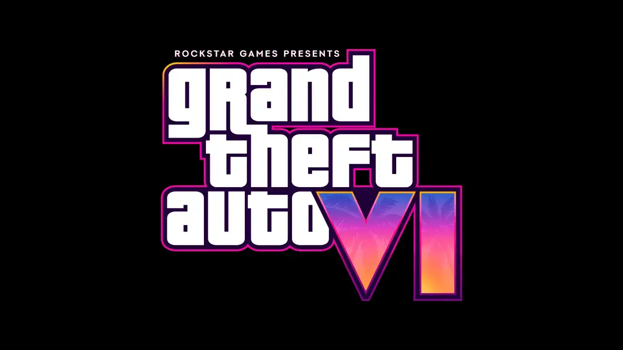 Logo Grand Theft Auto VI od Rockstar Games. Neonowe litery na czarnym tle, z palmami w tle cyfry VI.