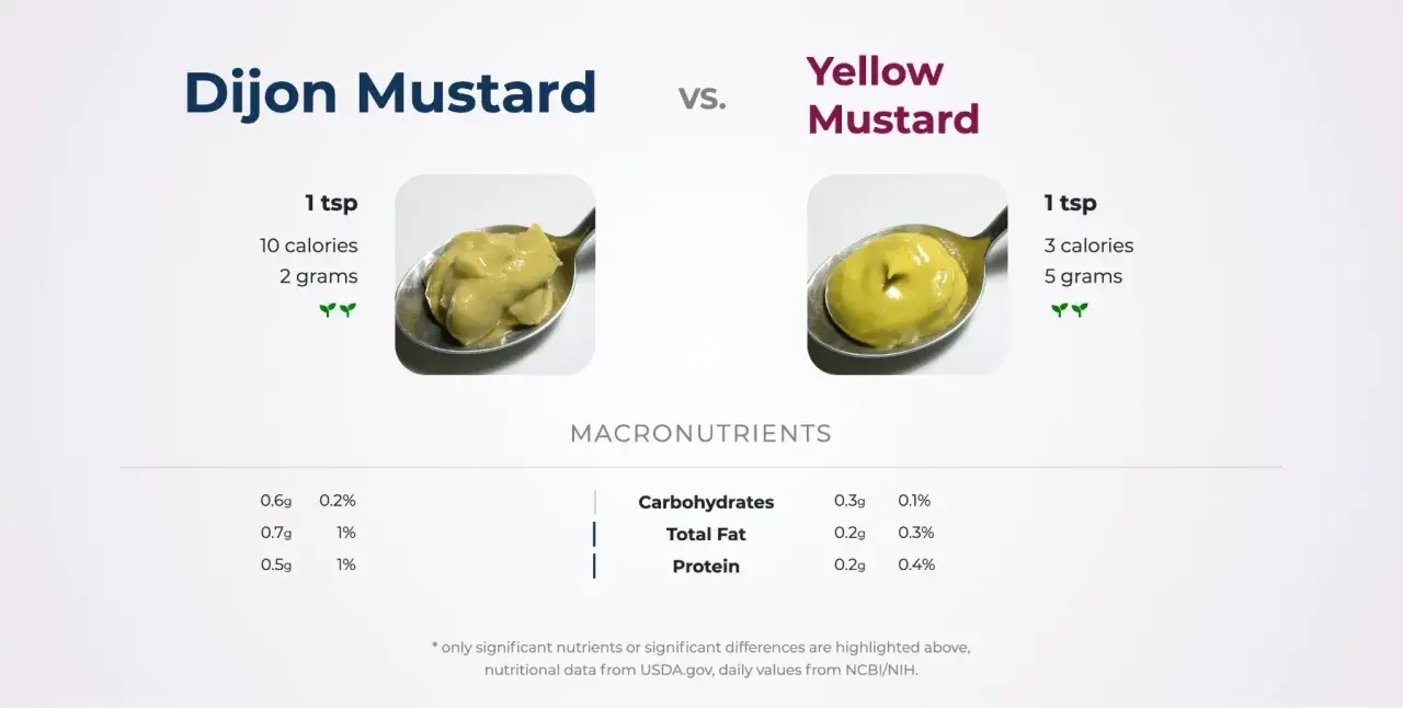 Porównanie musztardy Dijon i żółtej. Czy musztarda jest zdrowa? Musztarda Dijon ma 10 kcal, żółta 3 kcal na łyżeczkę.