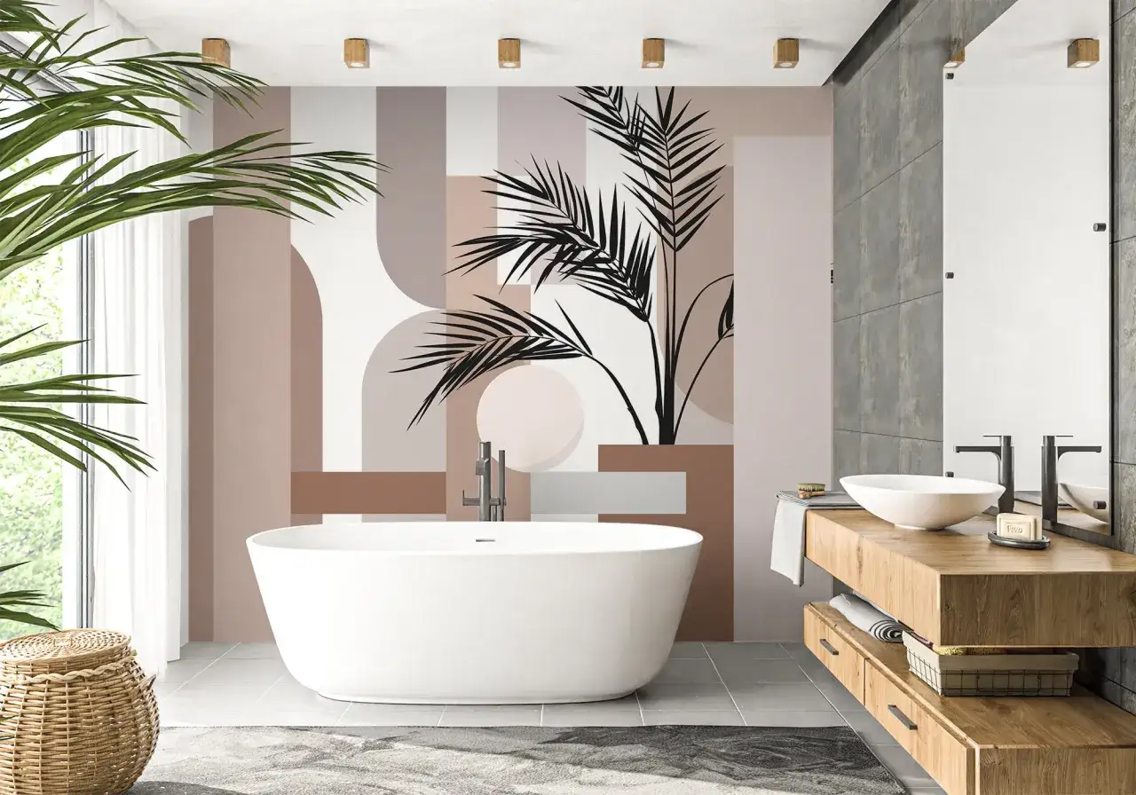 Une **salle de bain terracotta et beige** avec une baignoire îlot, un meuble vasque en bois et un papier peint abstrait végétal.