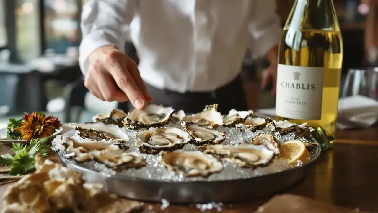Huîtres fraîches sur glace, accompagnées d'un verre de Chablis. Un accord parfait pour savourer un sauvignon blanc avec quoi ? Avec des fruits de mer !