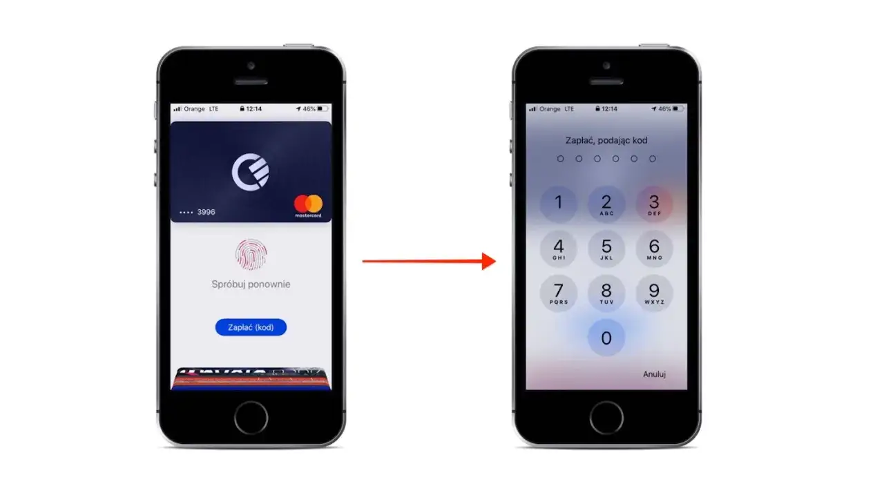 Ekran iPhone'a pokazuje, jak usunąć kartę z Apple Pay, przechodząc od ekranu płatności do ekranu wprowadzania kodu.