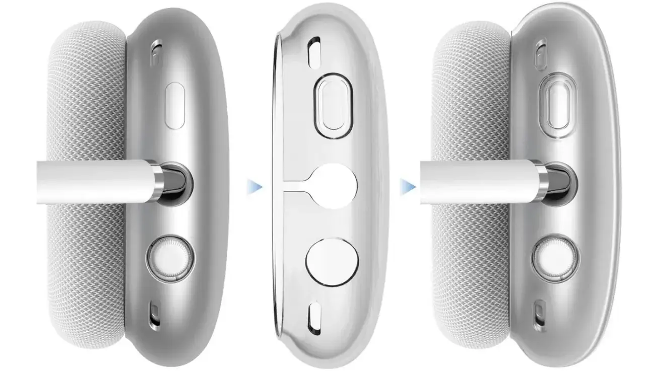 Przezroczyste etui na słuchawki AirPods Max, pokazujące, jak chroni przyciski i port.