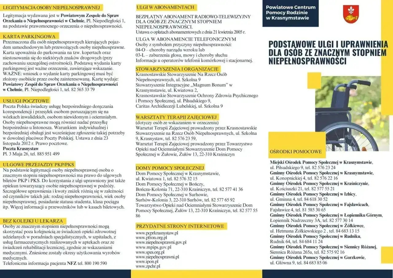 Informator o ulgach i uprawnieniach dla osób ze znacznym stopniem niepełnosprawności, w tym o kartach parkingowych i wsparciu.