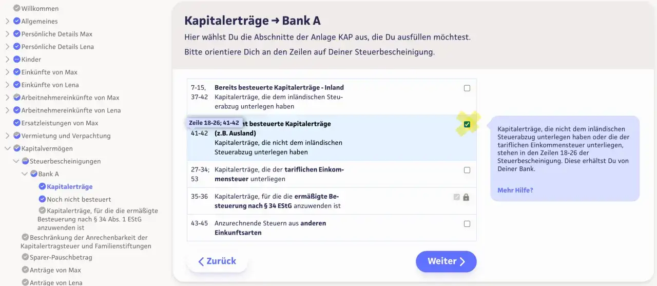 Auswahl der Kapitalertr&auml;ge f&uuml;r die Steuererkl&auml;rung. Hier werden die Zeilen f&uuml;r die Besteuerung von Zinsen und Kapitalertr&auml;gen angezeigt.