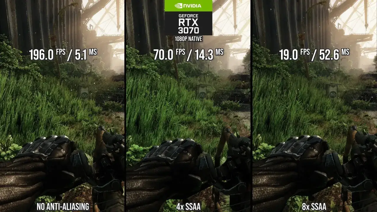 Porównanie grafiki gry z różnymi poziomami antyaliasingu: brak, 4x SSAA i 8x SSAA. Widać spadek FPS wraz ze wzrostem jakości antyaliasingu.