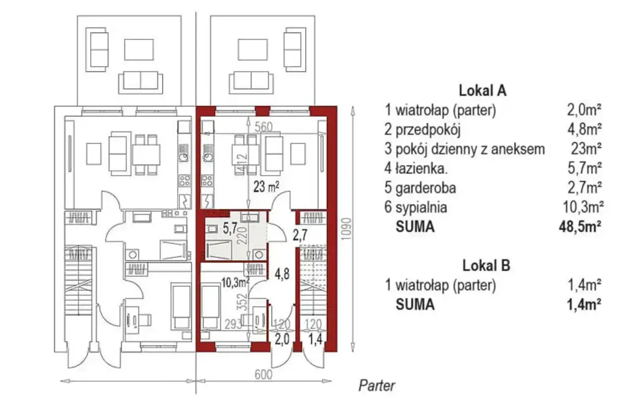 Projekt domu dwulokalowego z podziałem na Lokal A (48,5m&sup2;) i Lokal B (1,4m&sup2;). Widok parteru z rozmieszczeniem pomieszczeń.