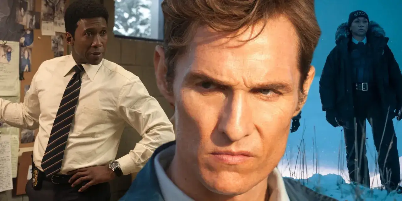 Tre m&auml;n i olika milj&ouml;er, en i en vit skjorta vid en anslagstavla, en annan med intensiv blick, och en tredje i vinterkl&auml;der. Kanske en f&ouml;raning om true detective season 5.