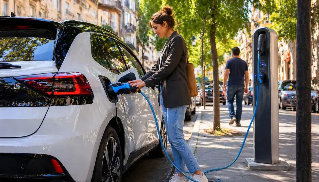 Mujer carga coche el&eacute;ctrico en la calle. &iexcl;Alguien ha cobrado el Plan Moves 3!