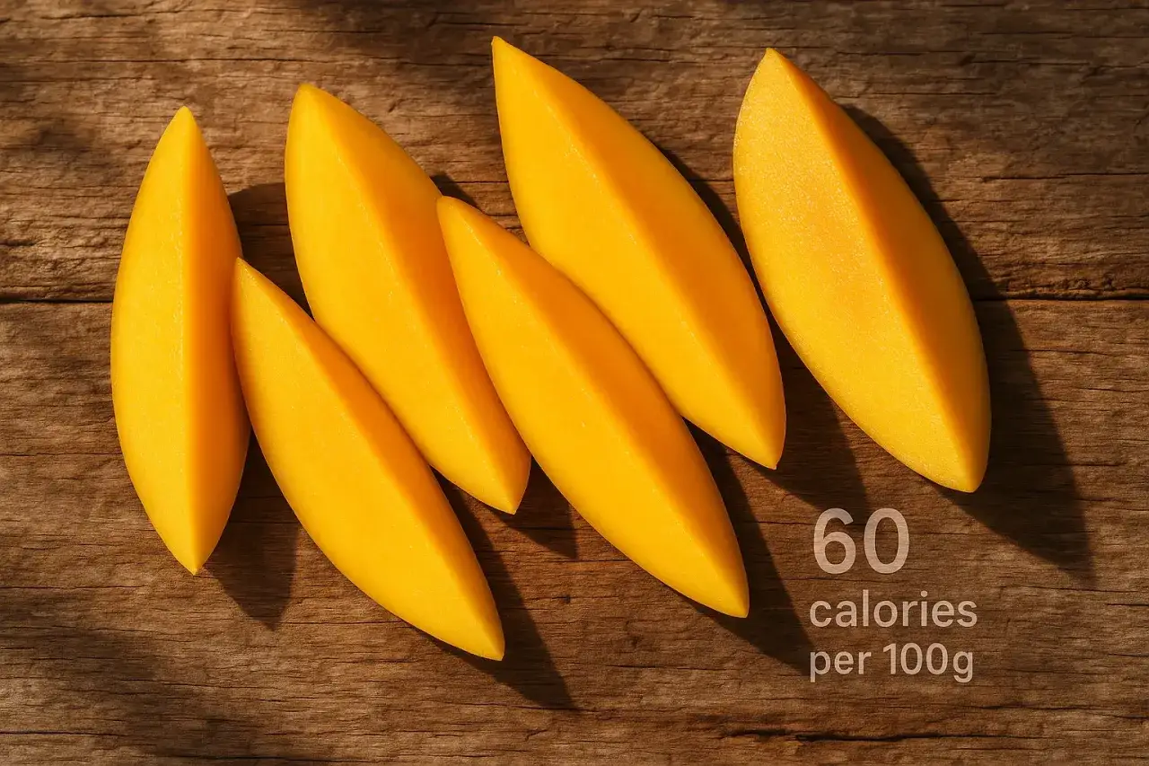 Rebanadas de mango amarillo vibrante sobre madera rústica, destacando sus propiedades y bajo contenido calórico (60 kcal/100g).