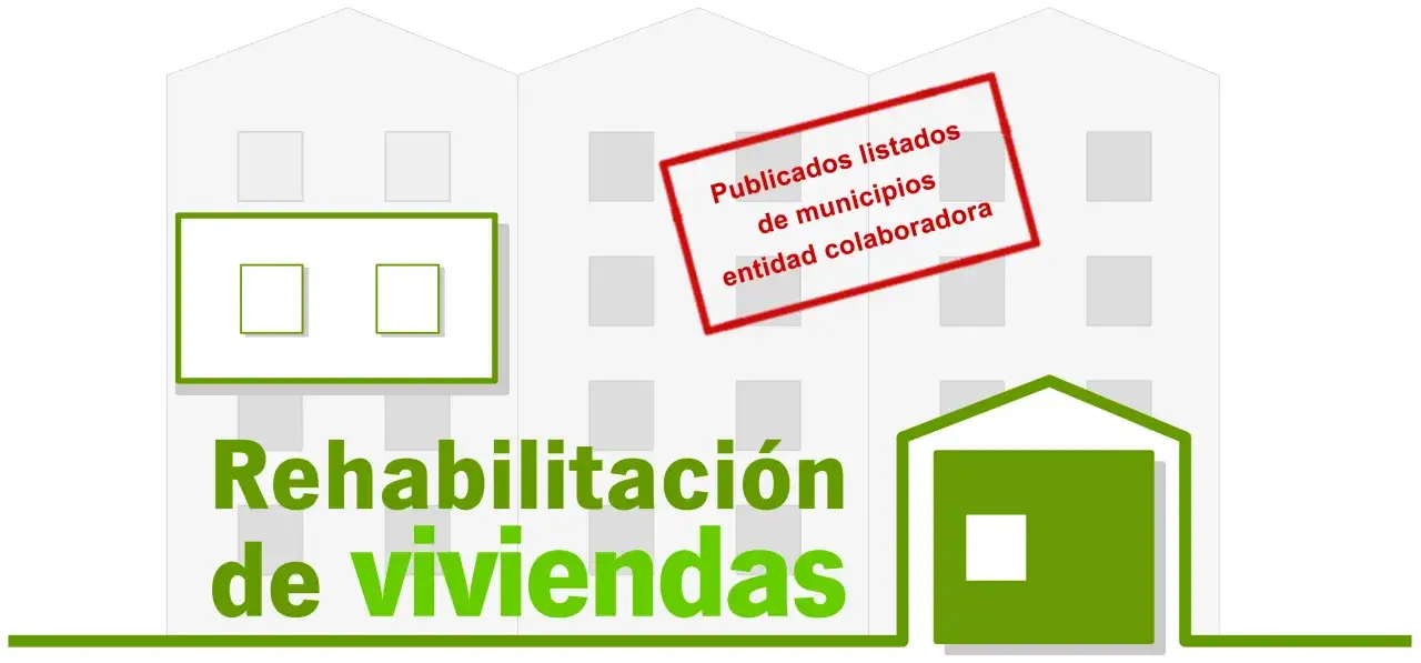 Rehabilitaci&oacute;n de viviendas con el plan ecovivienda Junta de Andaluc&iacute;a. Edificios grises con detalles verdes y sello rojo.