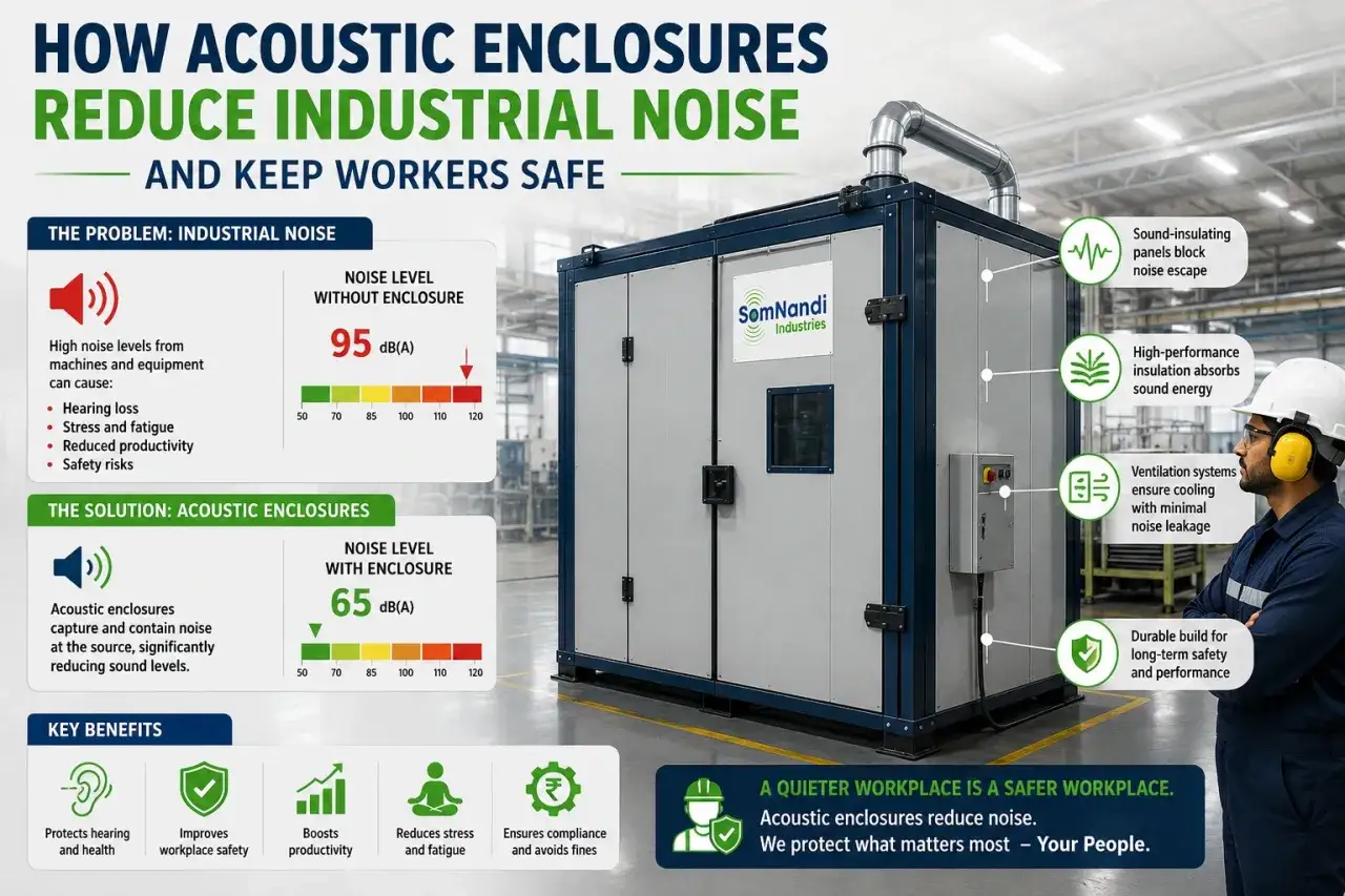 Una **unidad de potencia acústica** industrial reducida de 95 a 65 dB(A) con cerramientos acústicos. Beneficios: protege audición, mejora seguridad, aumenta productividad.
